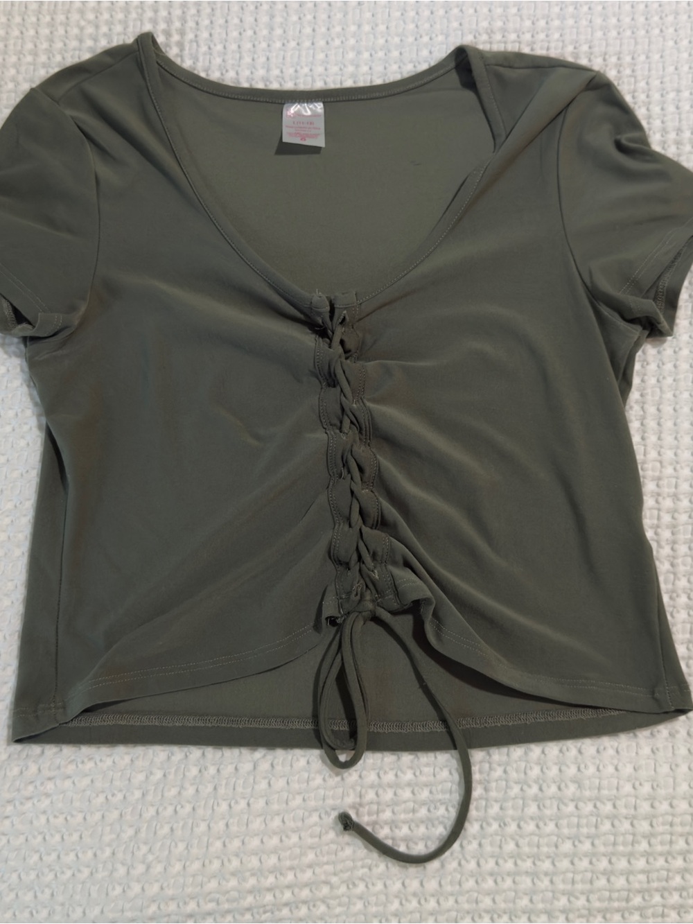Olive Green Lace-Up V-Neck Women's Top